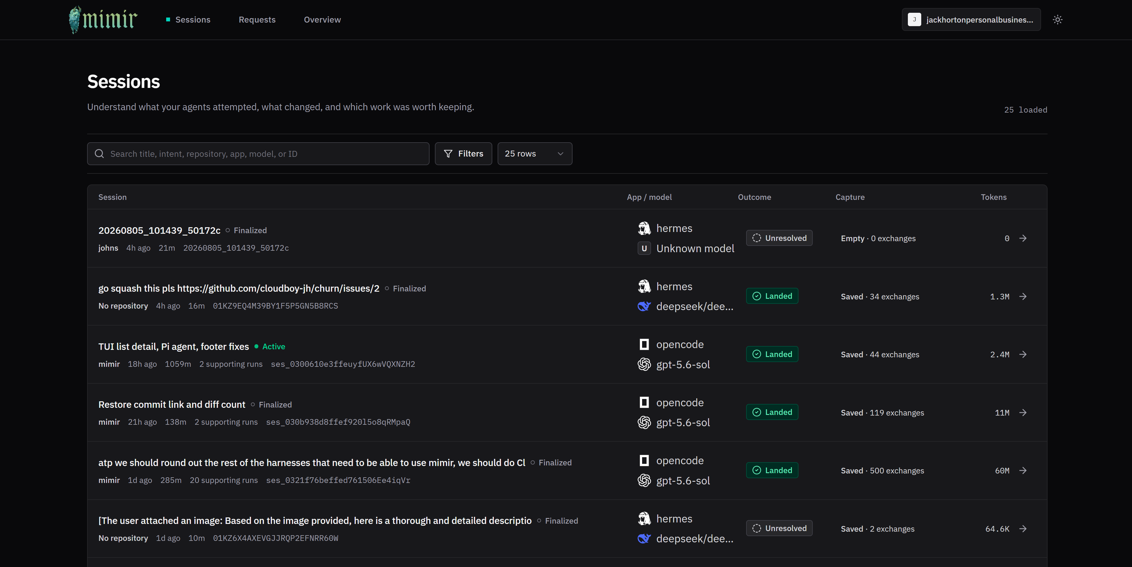 Mimir private dashboard showing captured coding-agent sessions, outcomes, capture state, models, and token usage.
